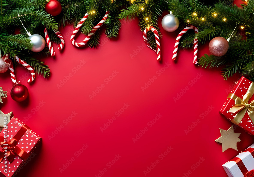 A beautifully decorated Christmas background featuring lush green fir branches adorned with red and white candy canes, silver and red baubles, and golden fairy lights. Hanging ornaments and wrapped gi A beautifully decorated Christmas background featuring lush green fir branches adorned with red and white candy canes, silver and red baubles, and golden fairy lights. Hanging ornaments and wrapped gi