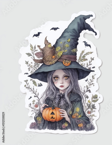 Sticker of a woman in a witch costume with a Halloween pumpkin