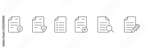 Set of Documents linear icon collection. Contract papers, folder, certificate, accept, approved, clipboard symbol.