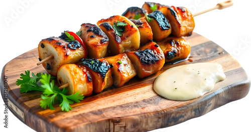Savory kebab skewers served with creamy sauce on a wooden board showcasing traditional cuisine