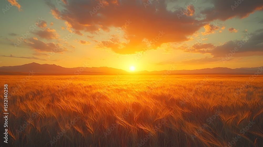 Fototapeta premium A golden wheat field under a glowing sunset sky