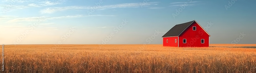 Fototapeta premium A lone red barn stands in a vast field of golden wheat long title A solitary vibrant red barn stands in the distance surrounded by an expansive