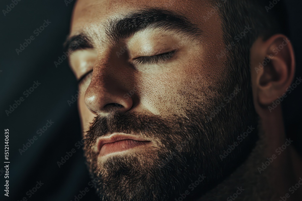 Obraz premium Bearded man with eyes closed expressing calm and introspection