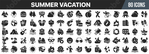 Summer vacation black icons collection. Big UI icon set in a flat design. Vector illustration EPS10