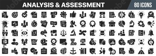 Analysis and assessment black icons collection. Big UI icon set in a flat design. Vector illustration EPS10