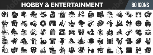 Hobby and entertainment black icons collection. Big UI icon set in a flat design. Vector illustration EPS10