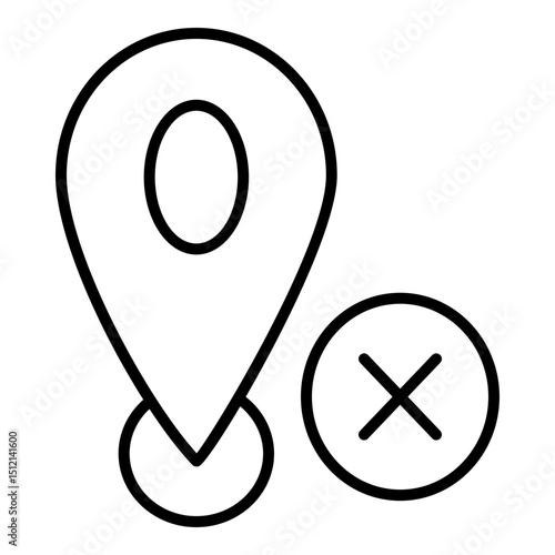 Line icon of a location marker with a cross circle beside it, symbolizing a rejected or blocked location.