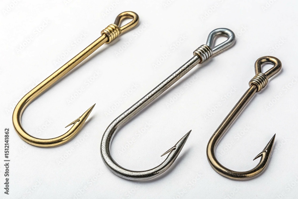 Three Metal Hooks Closeup Product Shot of Fishing Hooks on white background Three Metal Hooks Closeup Product Shot of Fishing Hooks on white background