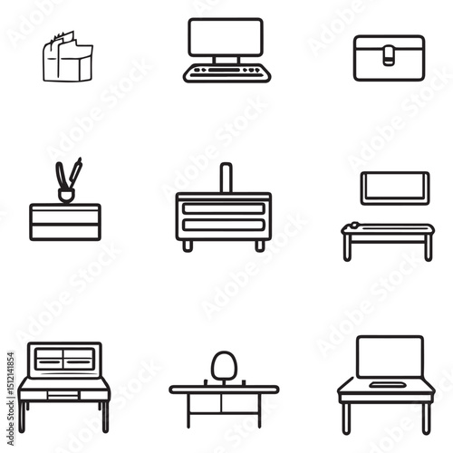Office furniture icons set desk computer workstation