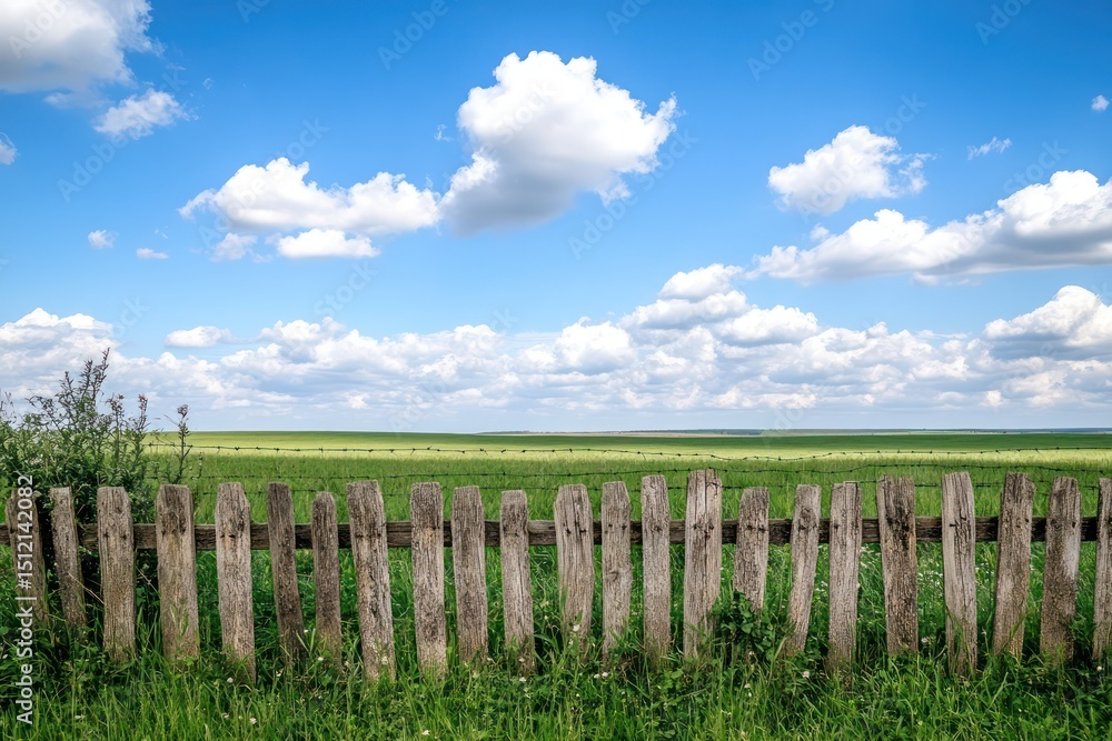 Fototapeta premium Rustic wooden fence with barbed wire and open field under blue sky