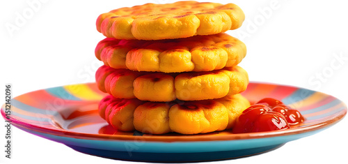 Enjoying traditional arepas served on a colorful plate with condiments at a lively gathering