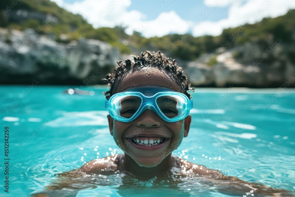 Naklejka premium Young boy snorkeling underwater in bright sea