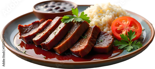 Delicious Asado Negro served with tomato, parsley, and rice in a traditional meal setting
