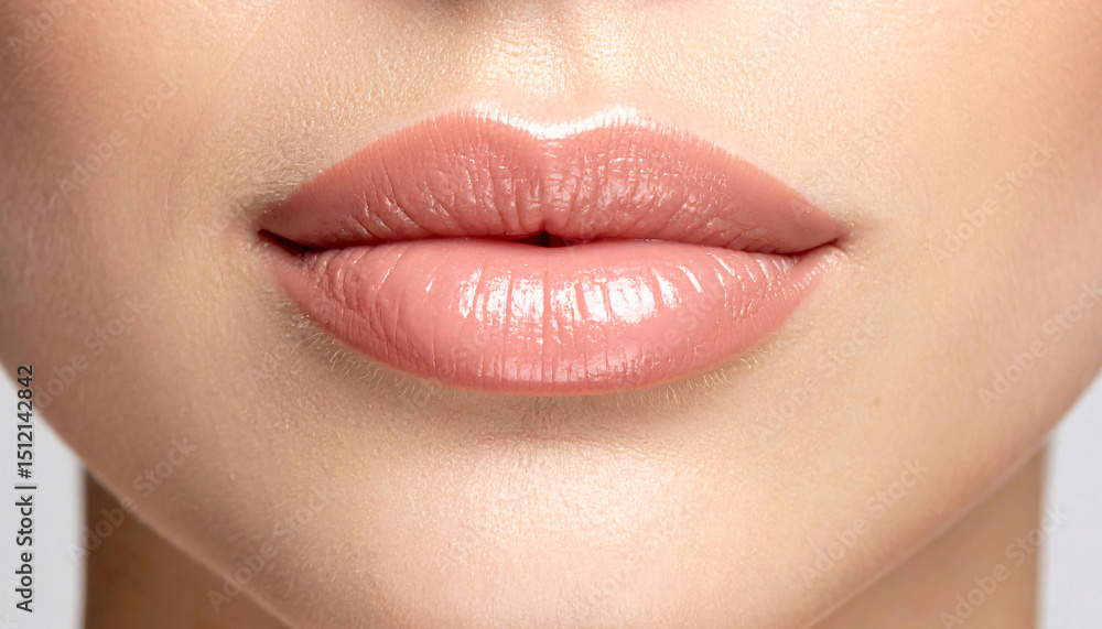 Fototapeta premium Glossy Nude Lips Close-Up – Natural Lip Makeup Beauty Shot
