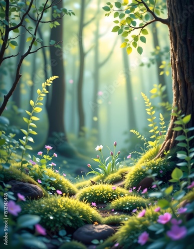 pastel digital illustration with soft focus on moss, ferns, and dappled light in a tranquil forest setting
