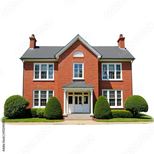 Untitled design - Two Story Traditional Brick House with Symmetrical Windows and Shaped Shrubs, transparent Background