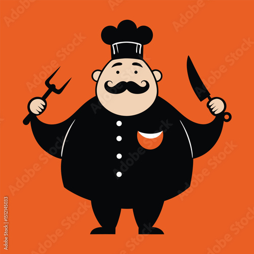 Chubby Barber Chef Holding Scissors Comb Silhouette Vector Illustration