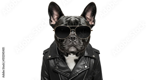 Dog Wearing Sunglasses and Leather Jacket Posing