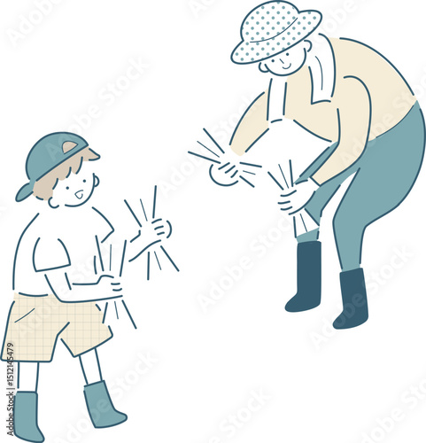 田植えする親子のシンプルな線画のベクターイラスト