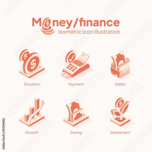 Modern 3D isometric finance and money illustration Icon set. contain Donation, Wallet, Saving, EDC payment, Growth, and Investment Icon