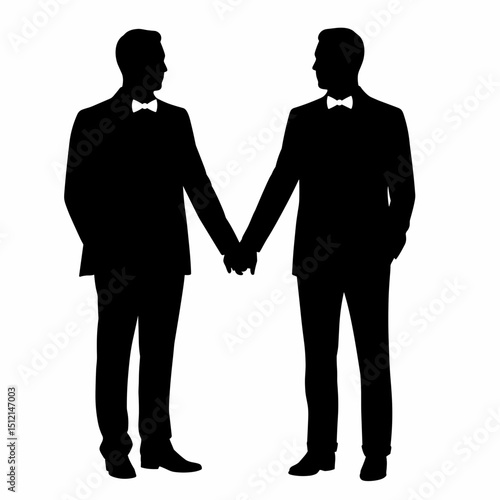 Two men holding hands in formal suits with bow ties silhouette  