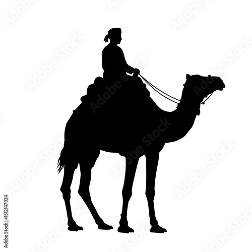 Camel silhouette with rider against a plain background  