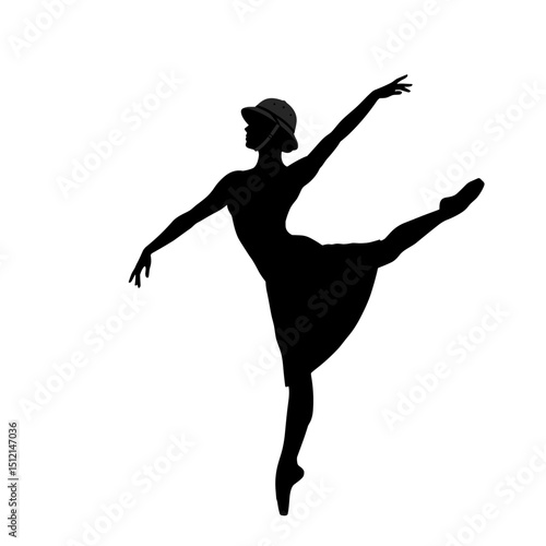 Silhouette of a dancing girl performing a pose in an elegant dress and hat