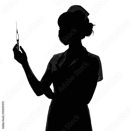 Nurse silhouette holding a syringe against a white background  