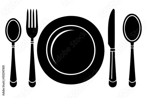 Illustration of a place setting with a plate fork knife and two spoons black