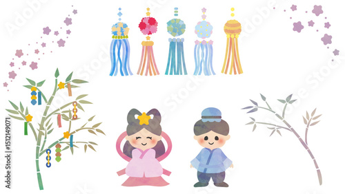 七夕のイラスト素材セット　水彩風