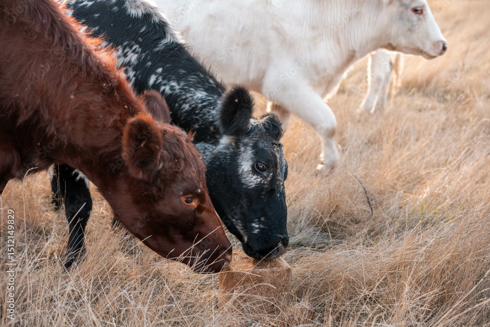 Fototapeta premium australian beef cattle grazing on pasture grass in a paddock. Beef Cows Moving Through Dry Grassland, Australian Farm Scene