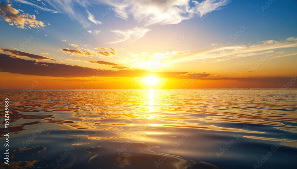 Golden Hour Tranquility Ripples: A Radiant Seascape at Sunset with Sky Reflection Golden Hour Tranquility Ripples: A Radiant Seascape at Sunset with Sky Reflection
