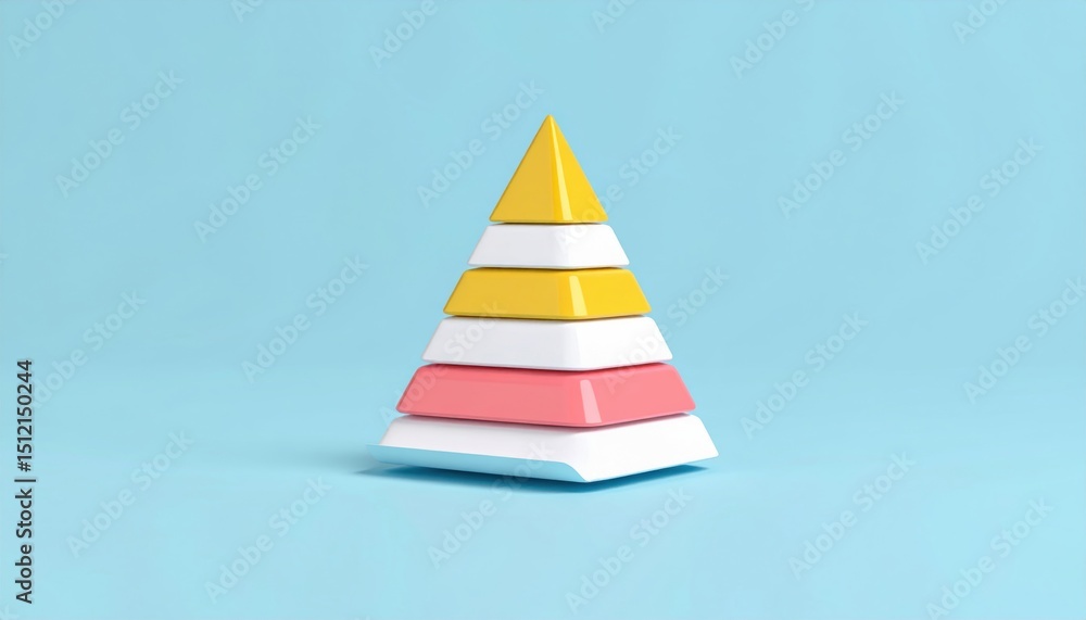 Colorful, geometric pyramid with five stacked layers, set against a light blue background. Colorful, geometric pyramid with five stacked layers, set against a light blue background.