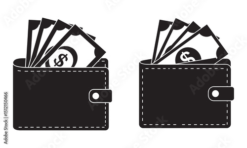 Leather wallet with card and money dollar silhouette vector flat illustration design on white background.