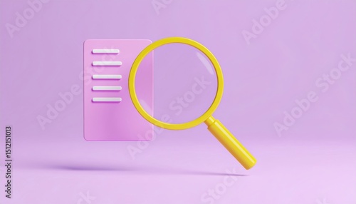 A large yellow magnifying glass examines a pink document icon on a pastel purple background.