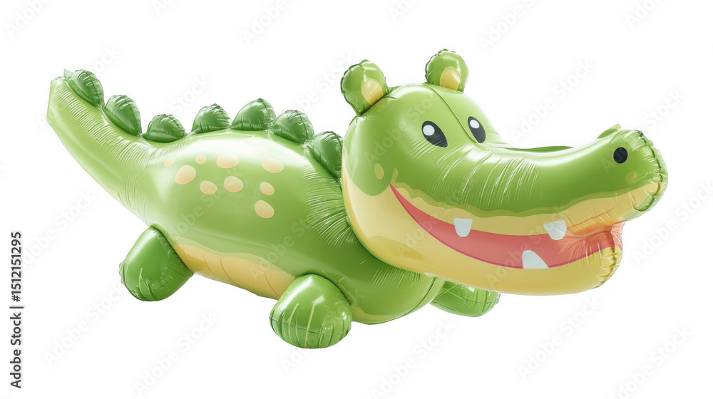 Naklejka premium Green inflatable crocodile balloon toy smiling cheerfully, isolated against a transparent background, adding a playful touch to kids' designs and festive party decorations