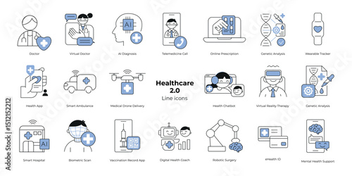 Digital healthcare Modern line-style icons,  AI diagnosis, telemedicine, wearable tech, mental health, robotic surgery, smart hospitals, and medical innovations.