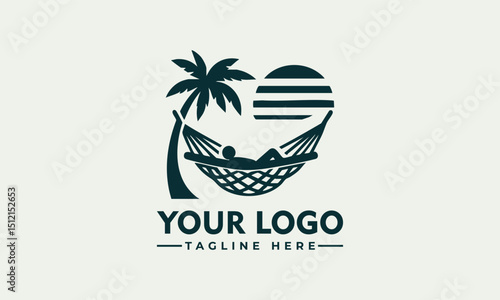 Traditional fabric hammock suspended by rope loops drawn in minimalistic hand-drawn style. Relaxation concept
