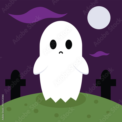 Sad Cartoon Ghost in a Spooky Graveyard Scene with Full Moon and Gravestones