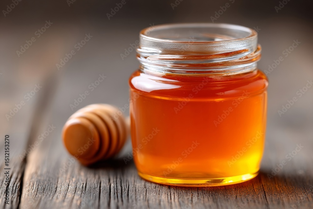 A jar of honey and a wooden spoon on a table A jar of honey and a wooden spoon on a table