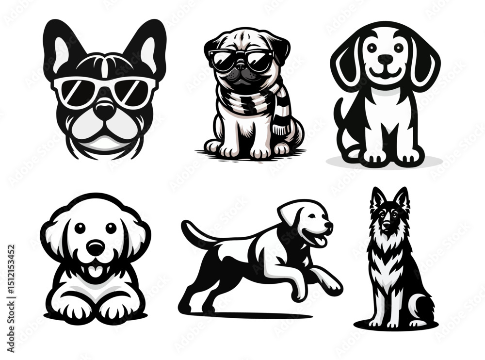 Obraz premium Breed dog French Bulldog Labrador Retriever Golden Retriever German Shepherd Dog Beagle vector black white illustration