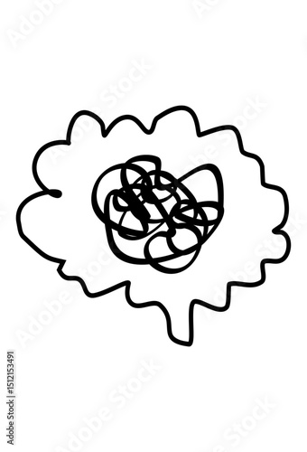 Cluttered mind icon: chaotic thoughts.Disordered brain symbol: tangled ideas