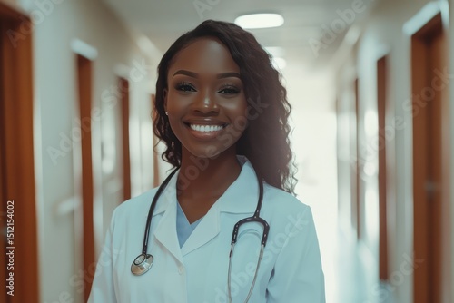 Young Black woman doctor smiles in hospital hallway
