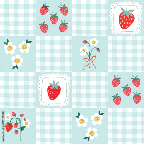 Summer seamless pattern with strawberries and flowers, coquette wallpaper in delicate colors, vintage style background