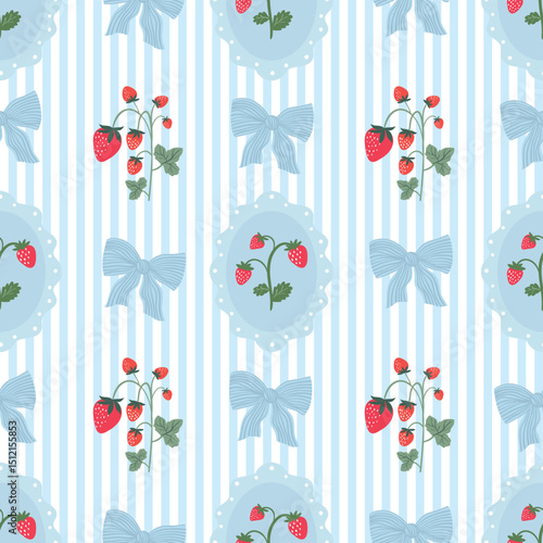 Vintage summer seamless pattern with strawberries and bows, coquette wallpaper with fruits and frames
