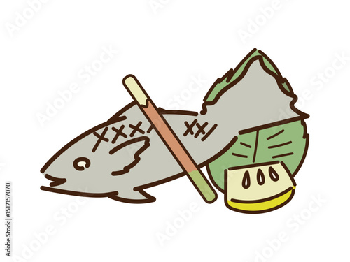 ゆるかわ盛り付けされた焼き魚大葉とレモン