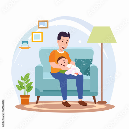 Flat Illustration Adorable Father Bonding Time with His Baby at Home