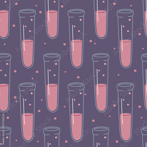 Vector flat seamless pattern with test chemical tube with pink liquid and bubbles. Ideal for educational, scientific, school, or chemistry related designs and experiments visuals.