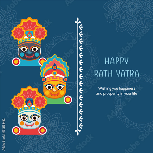 Indian festival Ratha Yatra of Lord Jagannath, Balabhadra and Subhadra holiday banner. Flat style design
