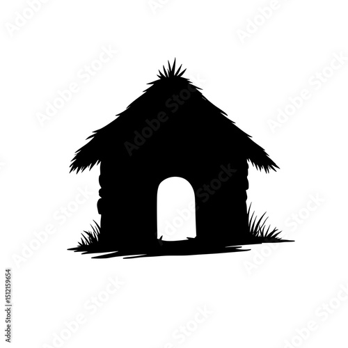 Thatch roofed hut silhouette evoking a rustic charm of rural dwellings.